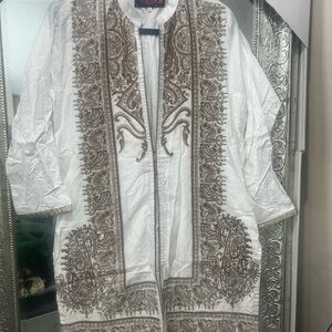 Pakistani Indian Desi outfit White and Brown Embroidered Women's Coat Kurta